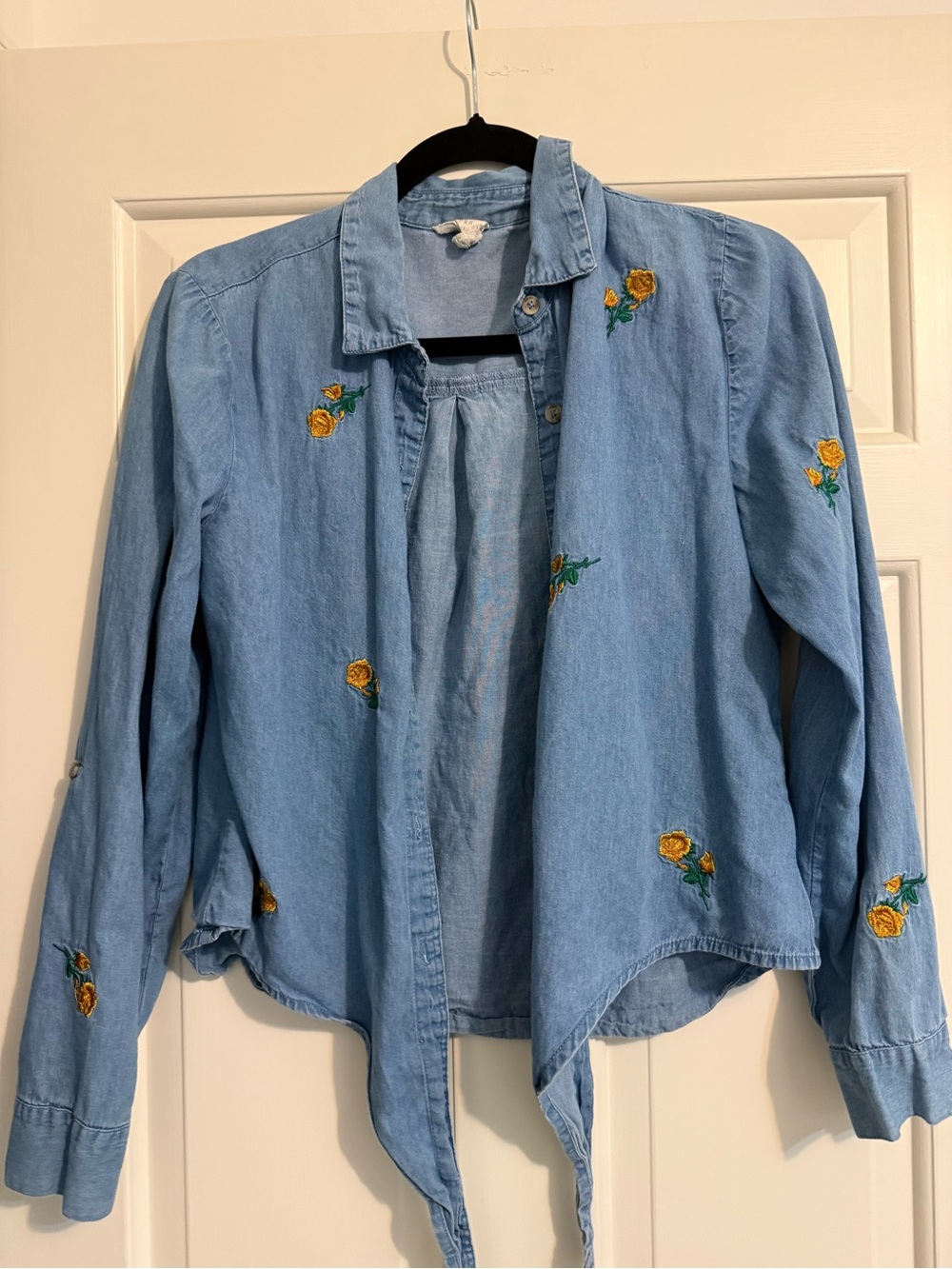 Harper Light Blue Embroidered Denim Shirt with Yellow Rose Accents